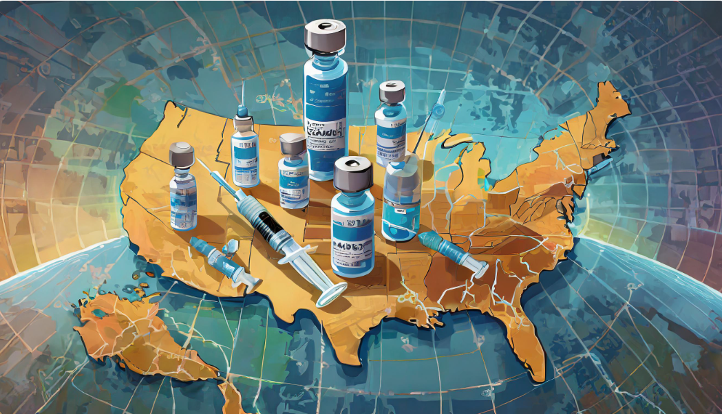 Visualization of US map with vaccine vials overlaid (Firefly AI generated)