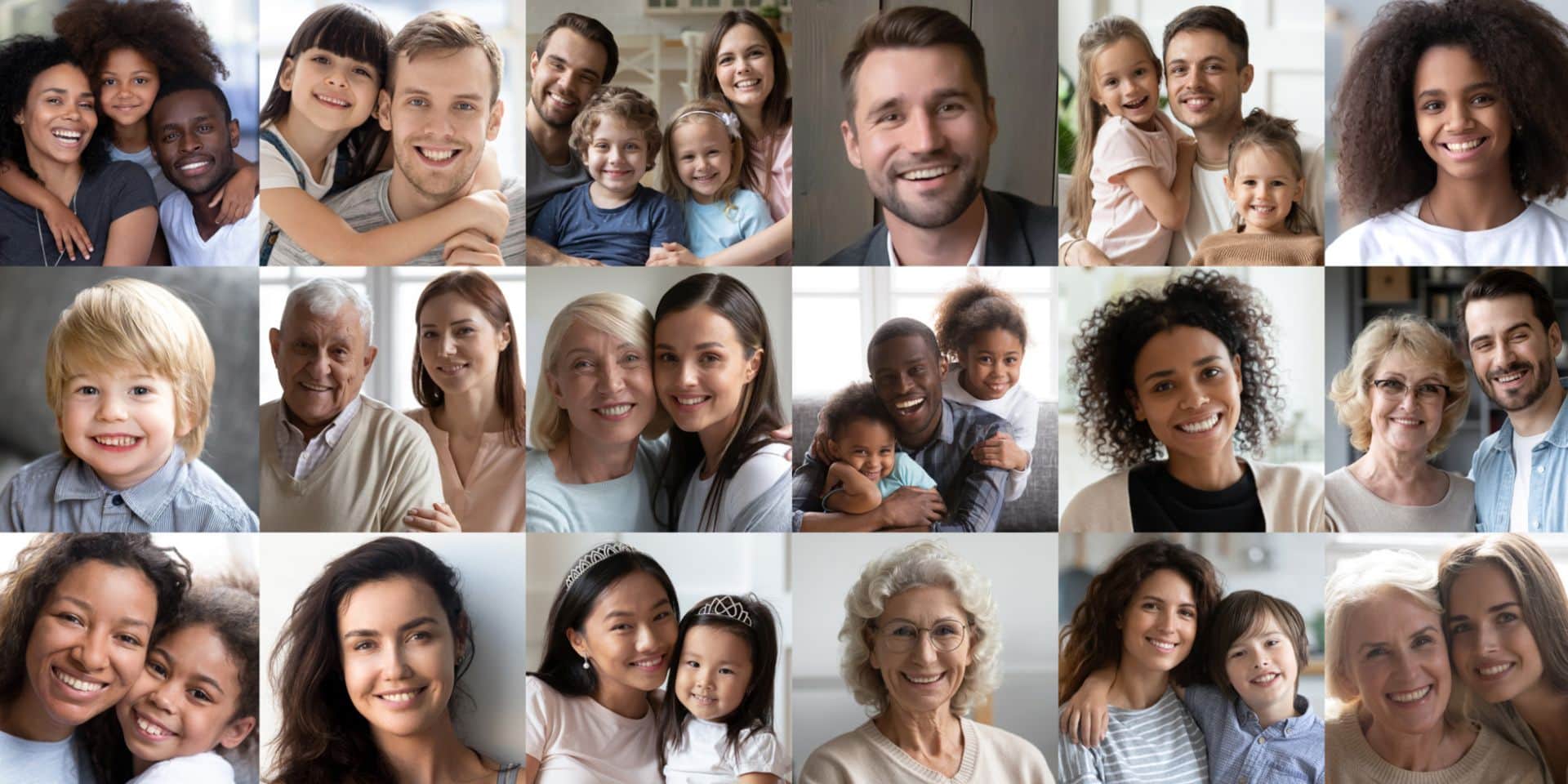 Collage de personas diversas con caras sonrientes