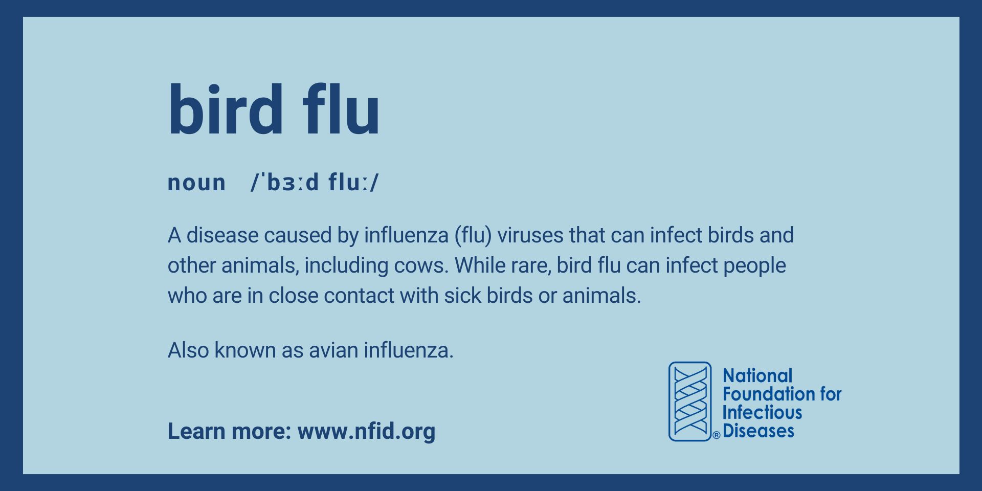 Bird-Flu-Definition Bird Flu. Noun. A disease caused by influenza (flu) viruses that can infect birds and other animals, including cows, dogs, and cats. While rare, bird flu can infect people who are in close contact with sick birds or animals. Also known as avian influenza.