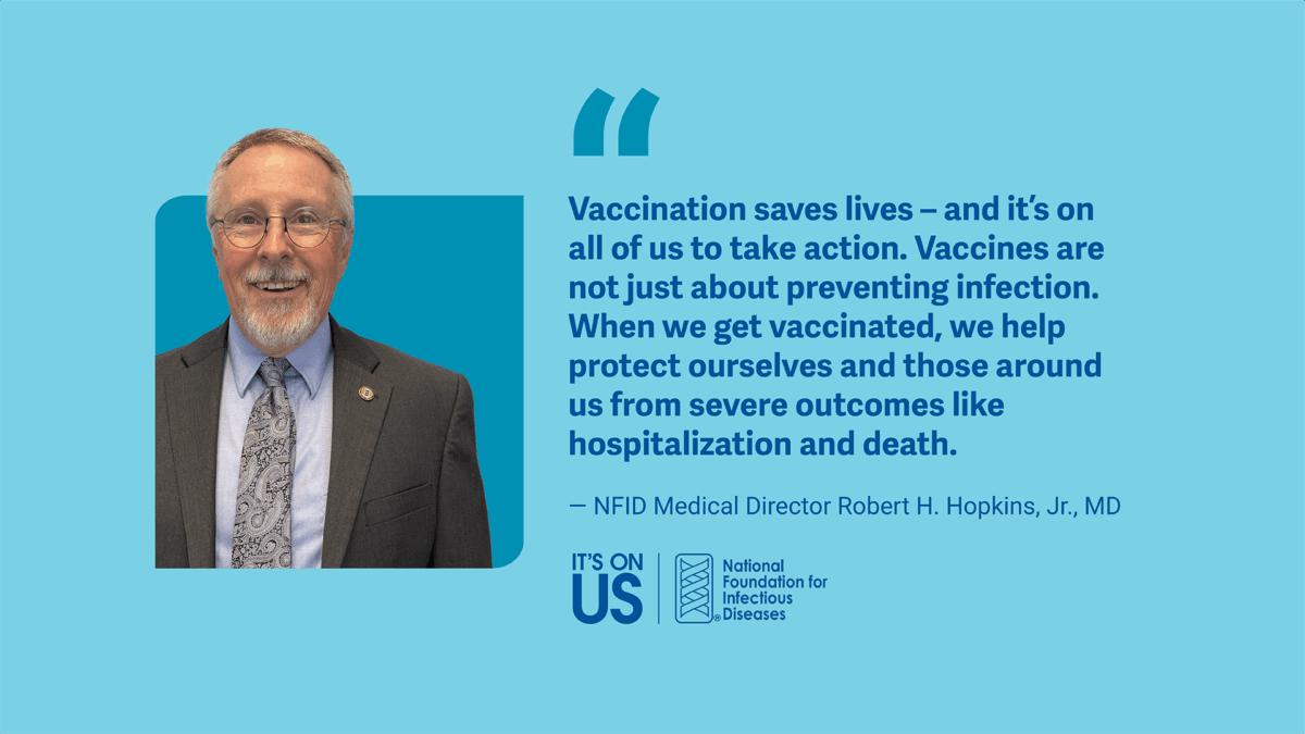 A man in a suit and tie is smiling with a quote about vaccination.