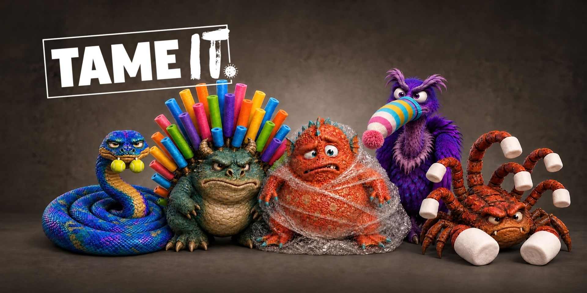Colorful, cartoon-like creatures pose beneath the words “TAME IT,” including a coiled blue snake with tennis balls in its mouth, a green creature covered in pool noodles, an orange creature tangled in bubble wrap, a purple furry creature with a striped sock over its snout, and a crab-like creature with marshmallows covering its claws and legs.