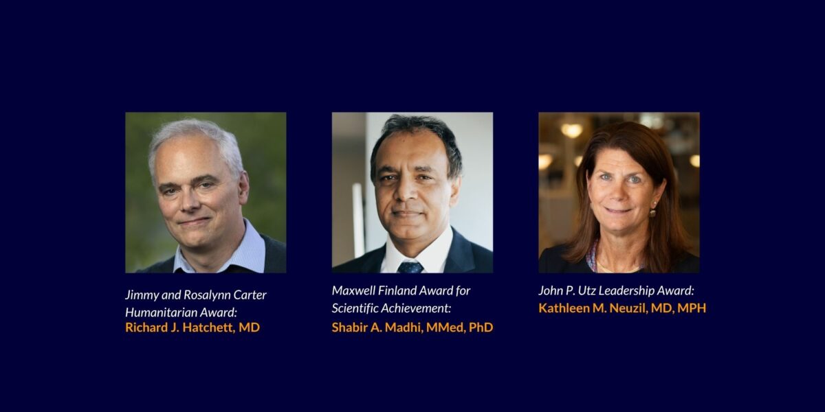 Three headshots of 2026 NFID awardees against a dark navy blue background. From left to right: Richard J. Hatchett, MD; Shabir A. Madhi, MMed, PhD; and Kathleen M. Neuzil, MD, MPH. Each portrait is outlined in bright blue, with the awardee’s name and credentials displayed in white text below.
