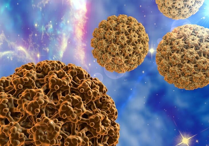 Human Papillomavirus type 16 on surrealistic background (HPV). A model is built using data of viral macromolecular structure from Protein Data Bank (PDB 3J6R). Elements of this image furnished by NASA Human Papillomavirus